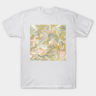 Silver Sage with Gold Silk Marble - Light Sage Green, Peach, and Off White Liquid Paint Pattern T-Shirt